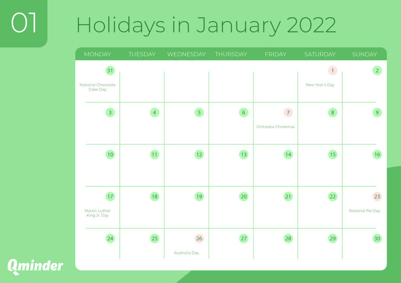 retail holiday calendar 2022 january