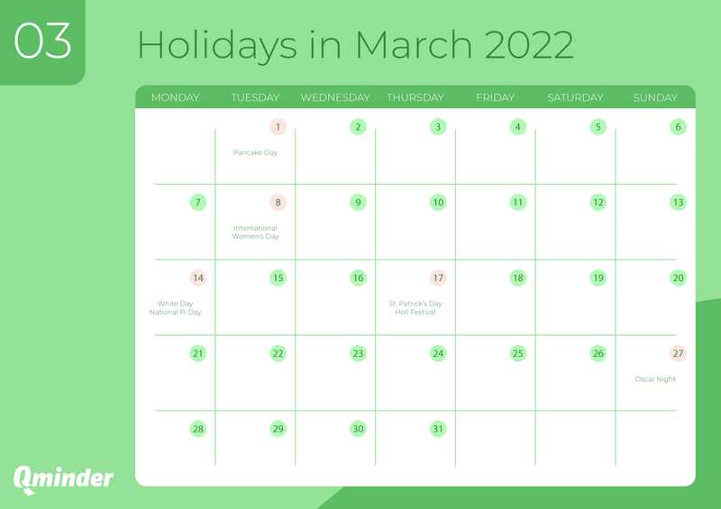 retail holiday calendar 2022 march