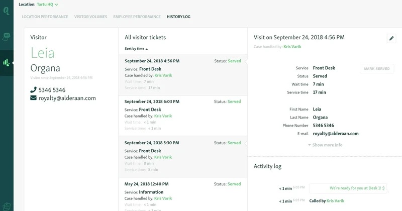 Pull up visitor's history and details in Qminder