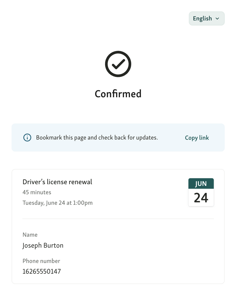 Qminder Appointment scheduling ends with a confirmation page for the visitor