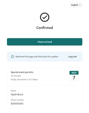 Visitor check-in via appointment confirmation page