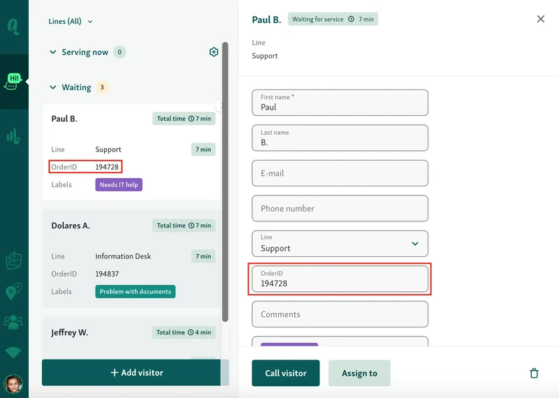 Qminder offers custom field so you can collect relevant information ahead of time