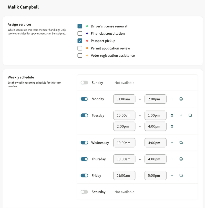 You can configure weekly hours, assign services, set daily limits, and manage exceptions for any team member for Appointments