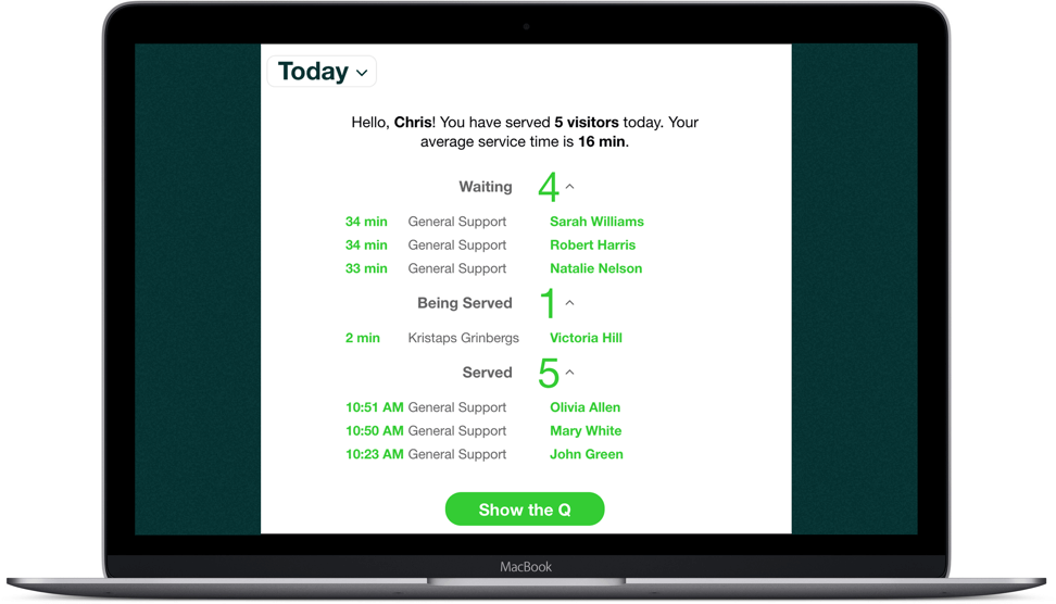 qminder queue management system data view for status reports